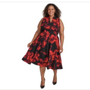 Calvin Klein Plus Size Printed Split-Neck Sleeveless Dress - Black Red